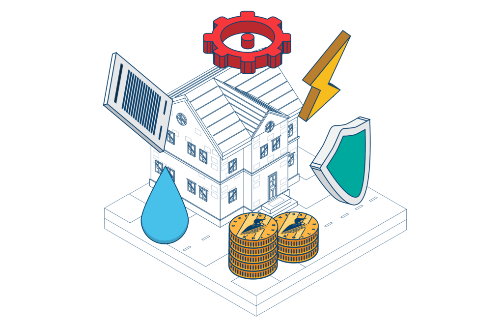 A house encircled by sizeable, familiar household utility symbols, alongside our Canadian loonie, symbolizes the expenses associated with utilities and home management.